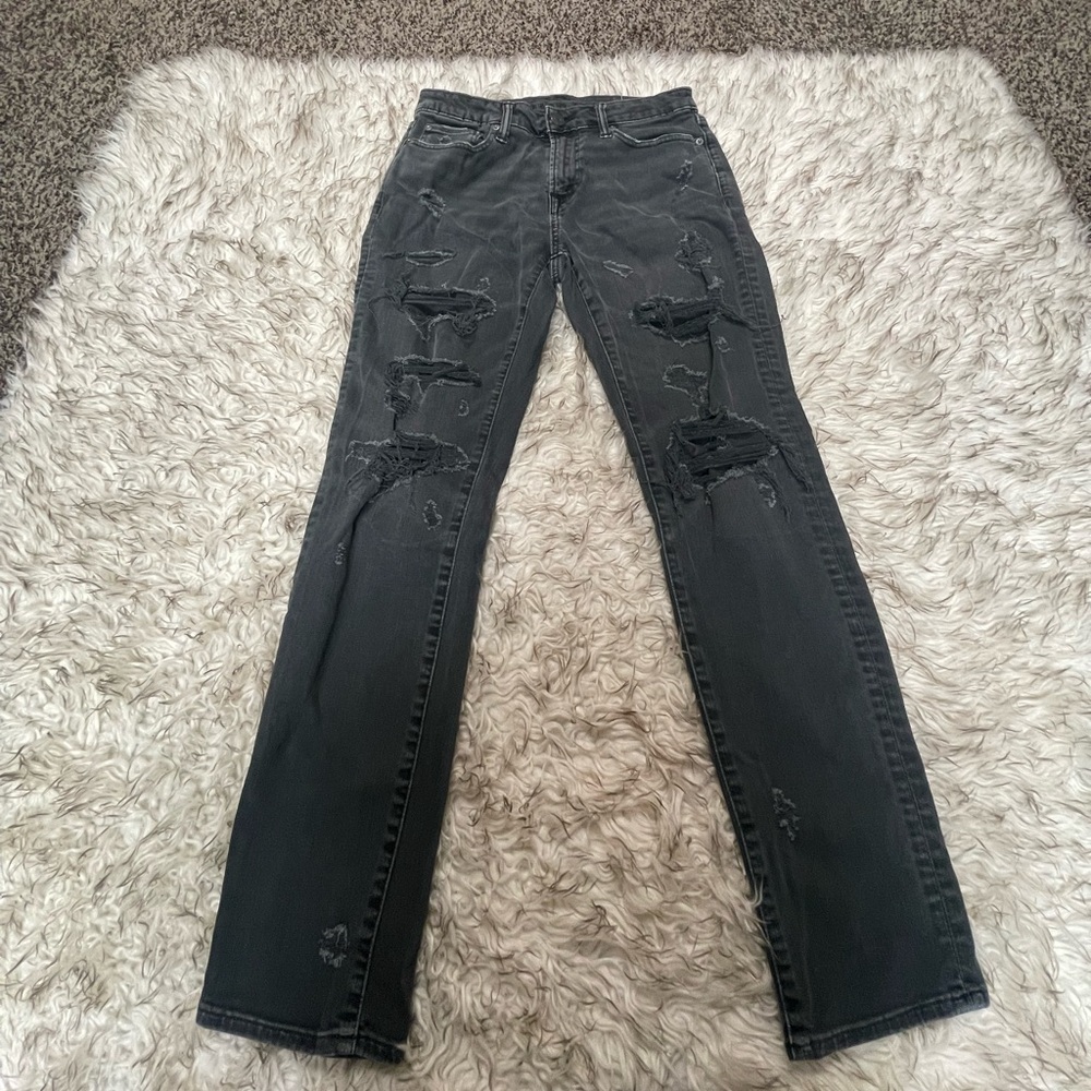 American eagle skinny jeans, size 29 x 30, grey with ripped front cut